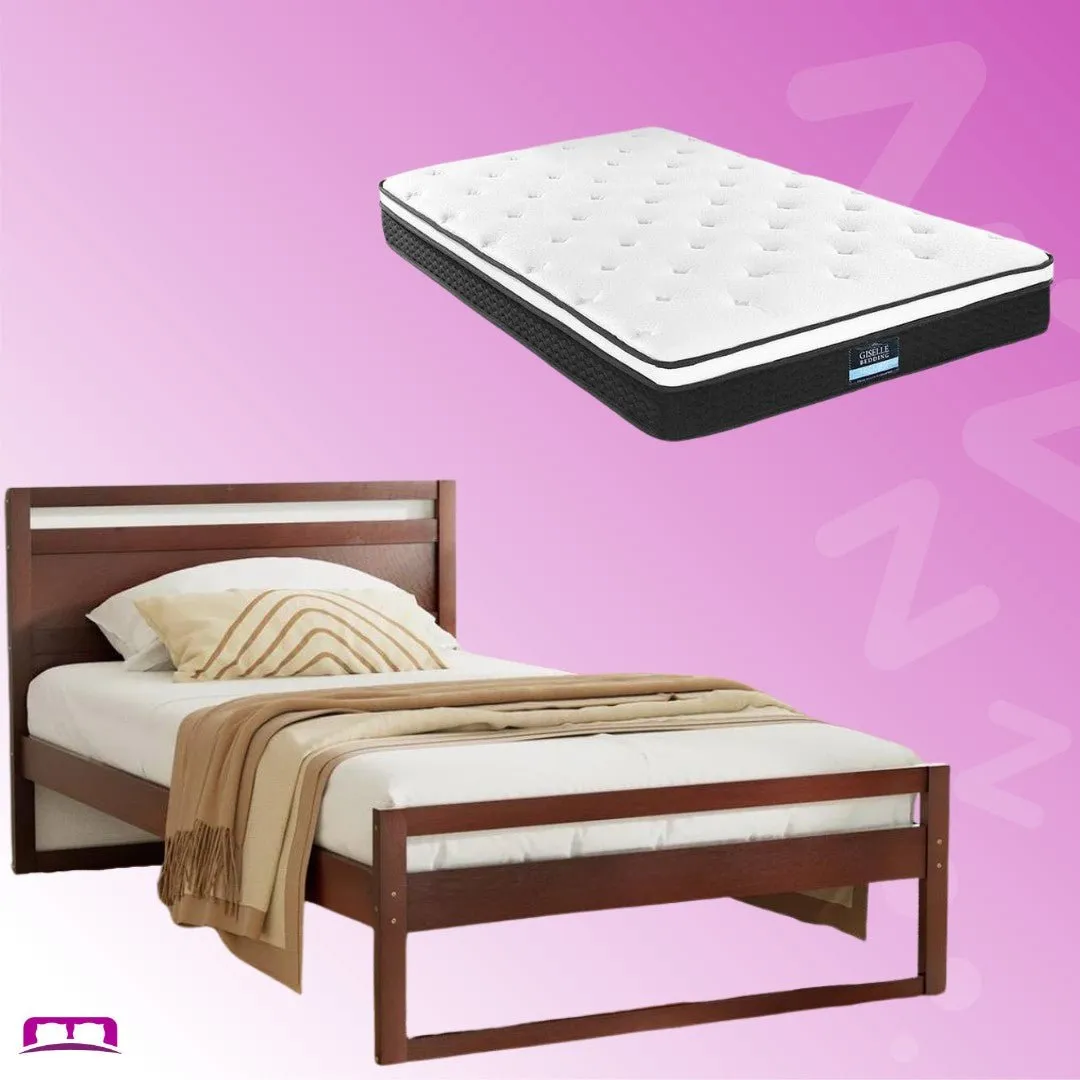 King Single Package | Witton King Single Wooden Bed Frame Walnut & Bonita Euro Top Mattress (Medium Firm)