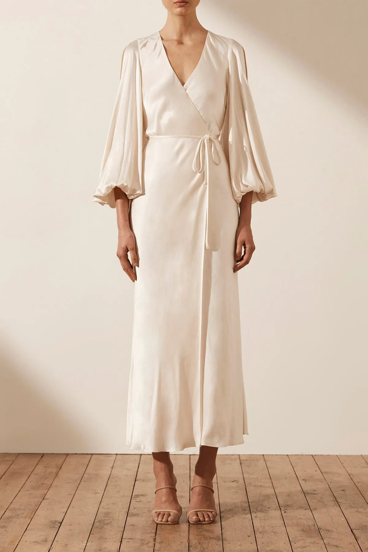 LA LUNE FULL SLEEVE WRAP MIDI DRESS - CREAM