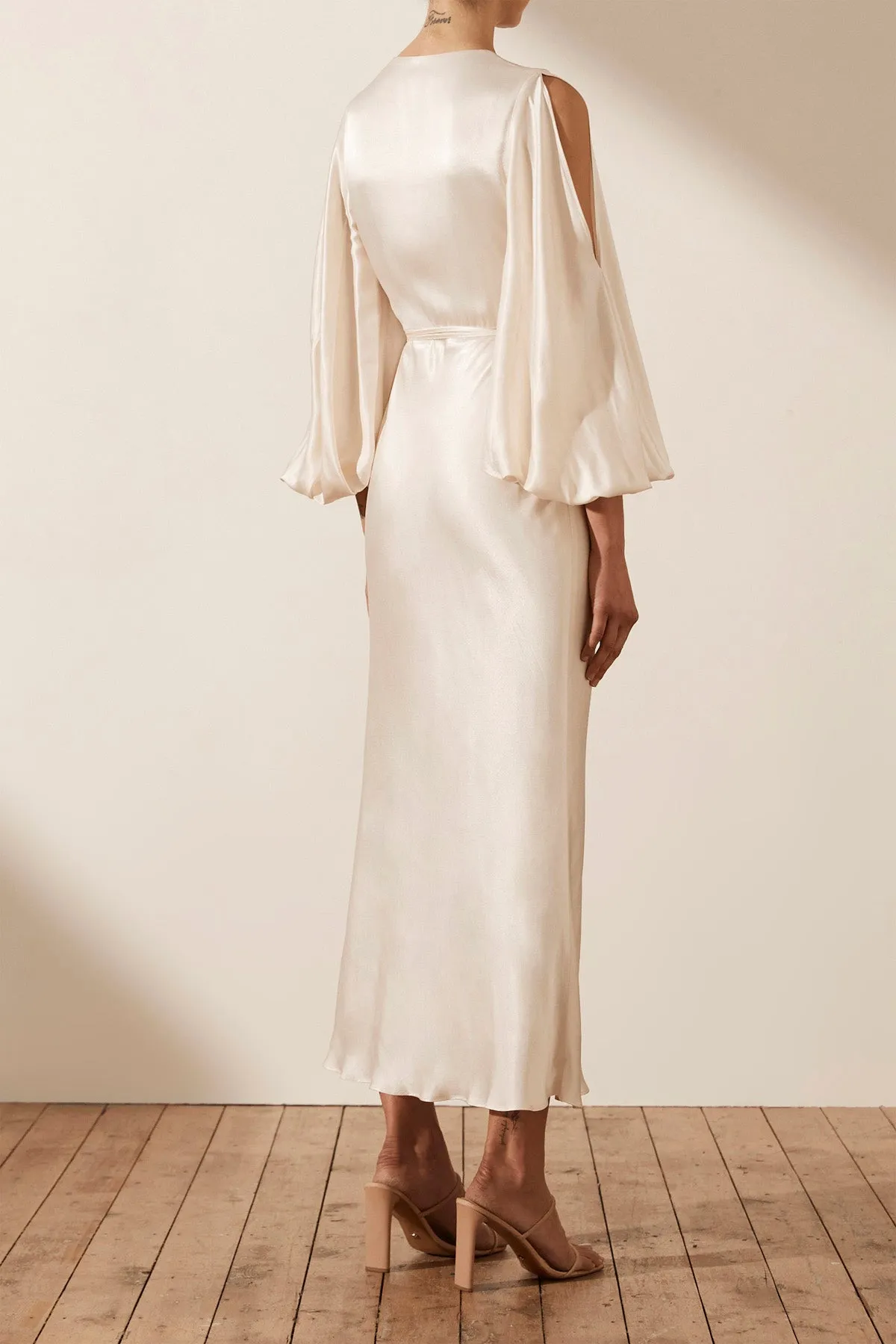 LA LUNE FULL SLEEVE WRAP MIDI DRESS - CREAM