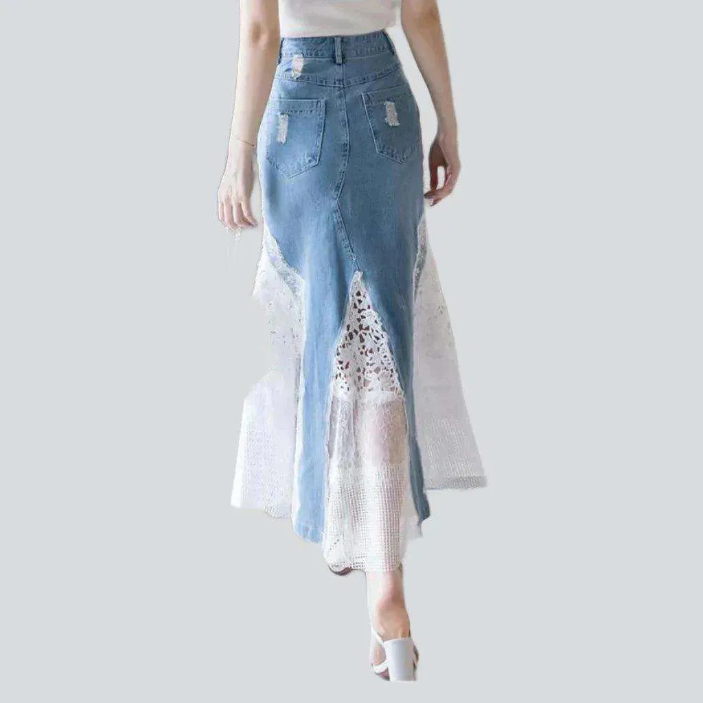 Lace embroidery long denim skirt