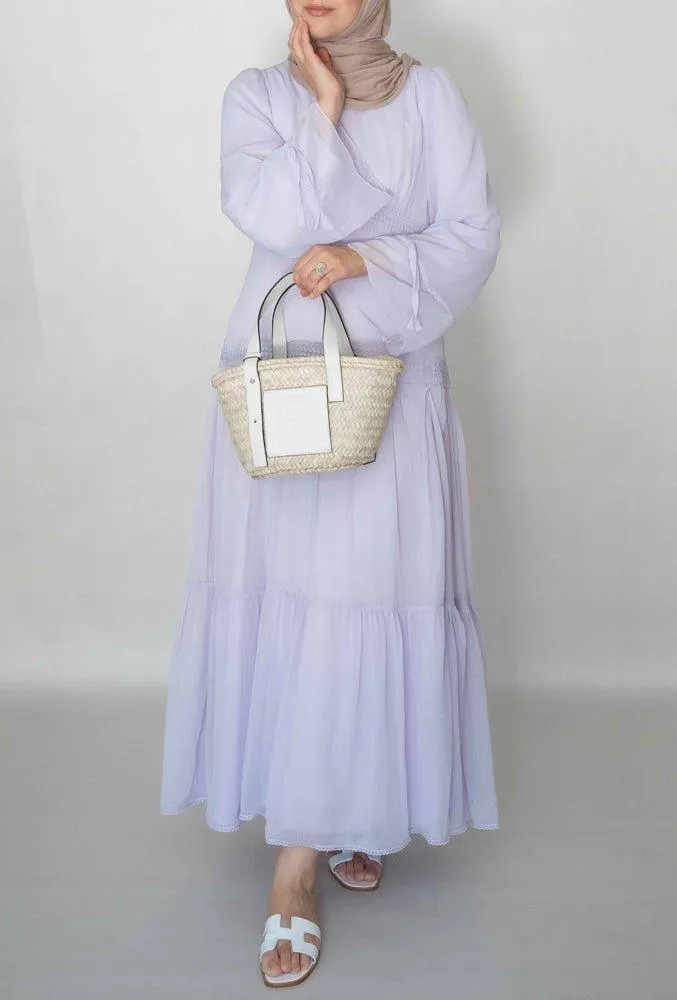 Lavender Vivvie classic chiffon dress lined not sheer with maxi sleeve and lace detail