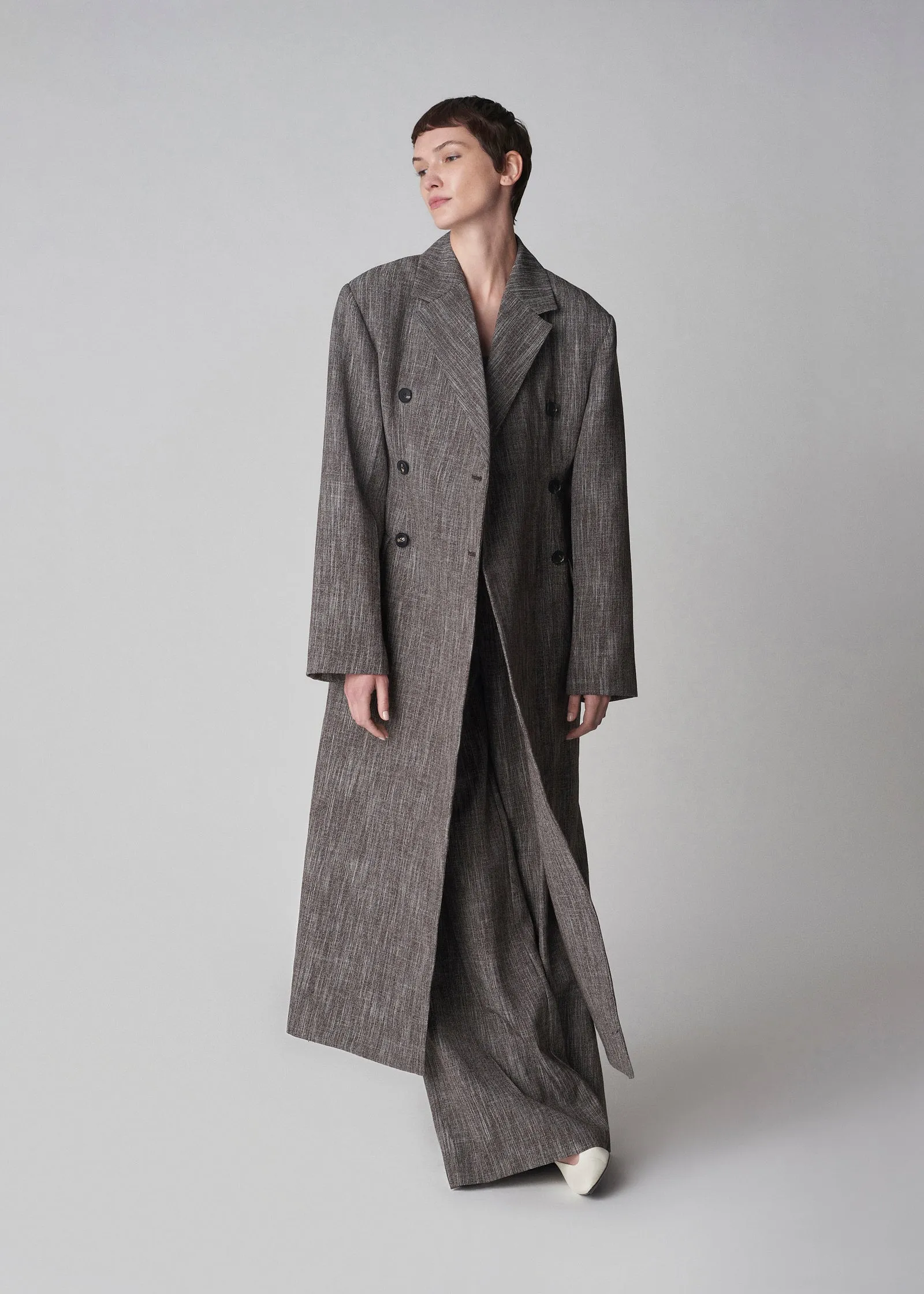 Long Coat in Virgin Wool Melange Suiting - Coffee