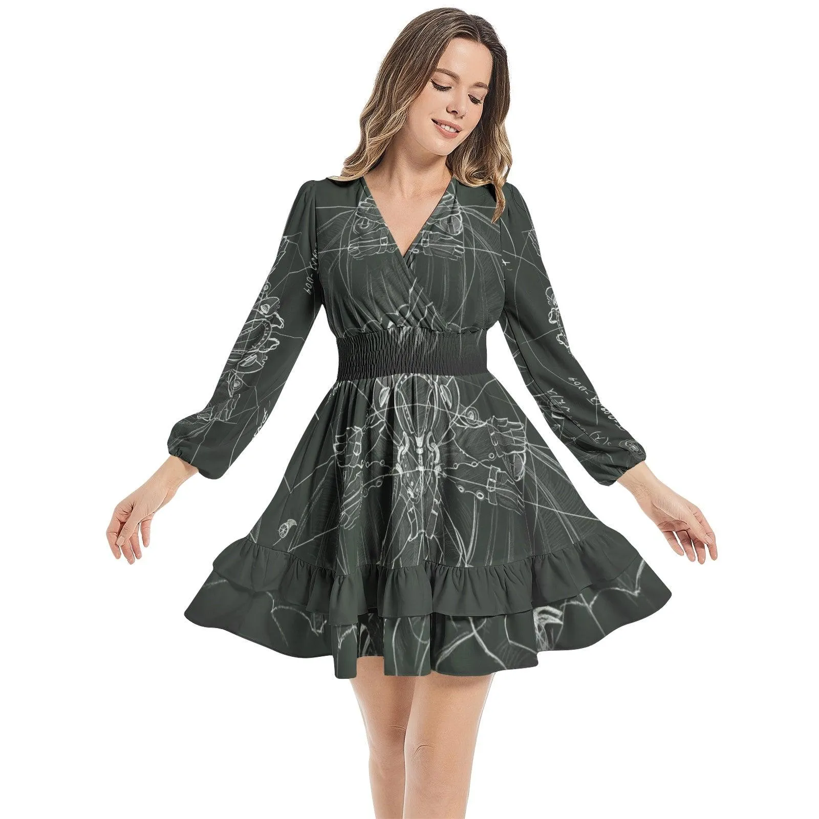 Long Ruffle Sleeve Elastic Waist Dress - Dark Green