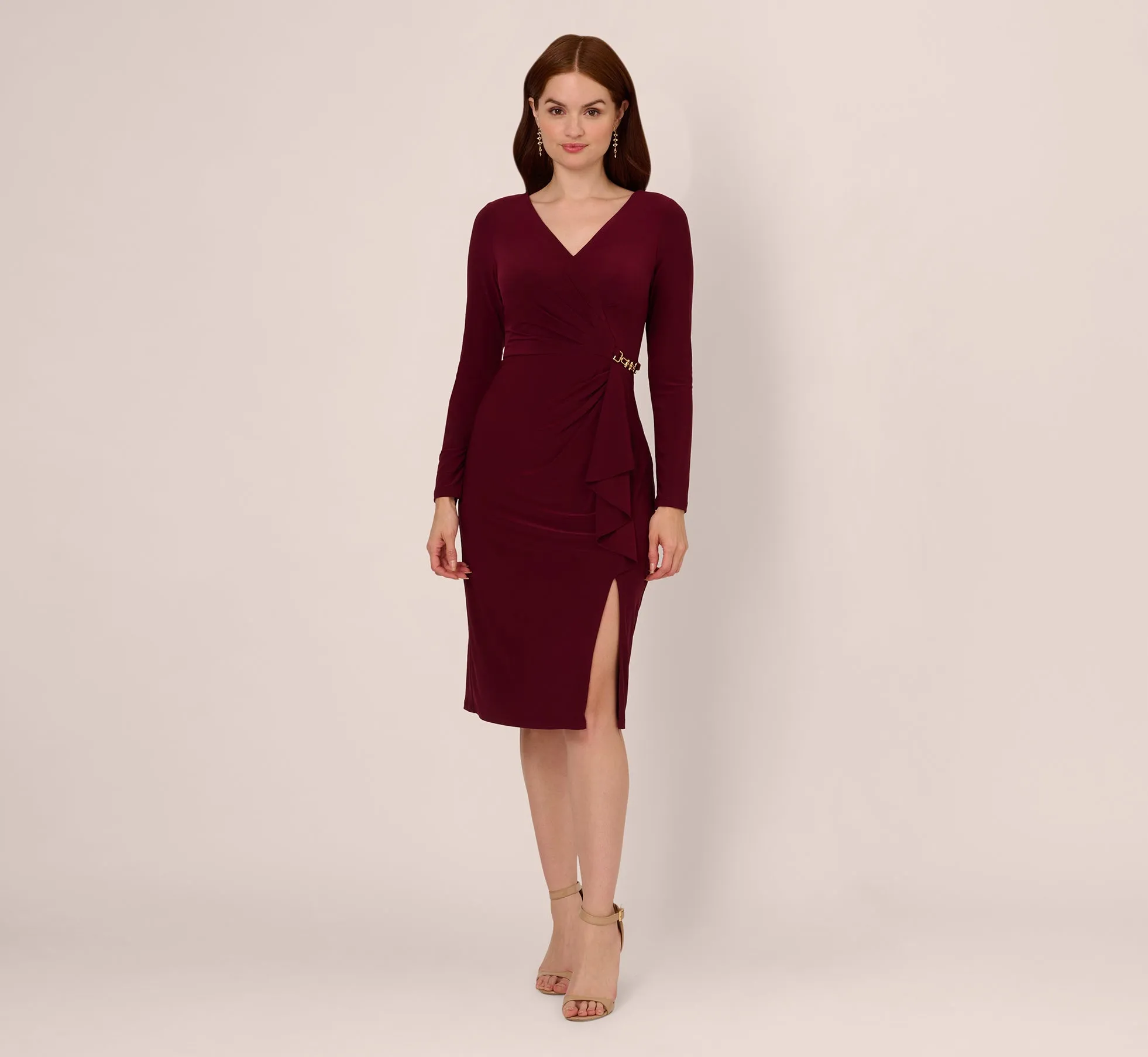 Long Sleeve Draped Jersey Dress With Chain Trim In Blackened Red