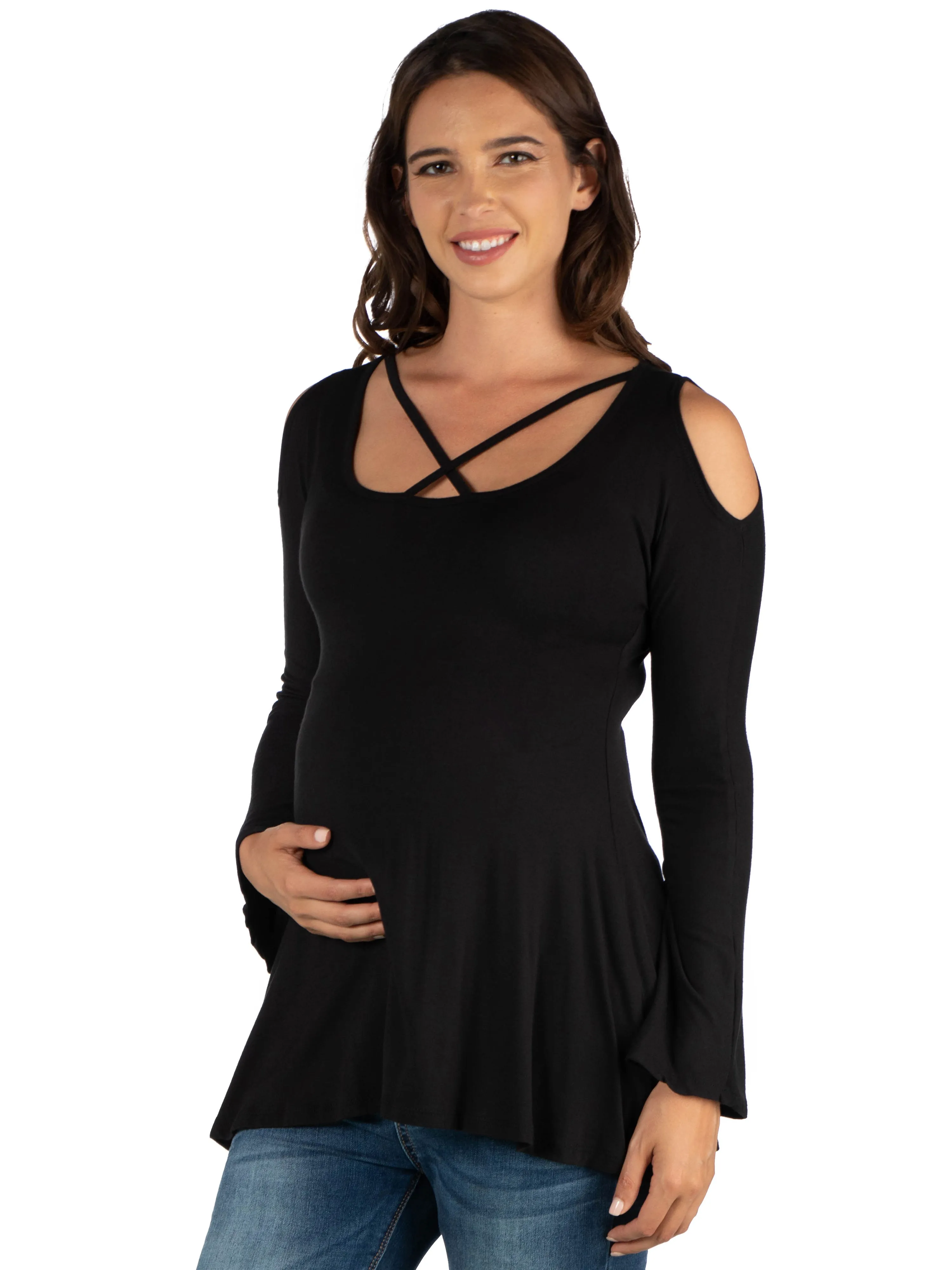 Long Sleeve Maternity Criss Cross Cold Shoulder Top