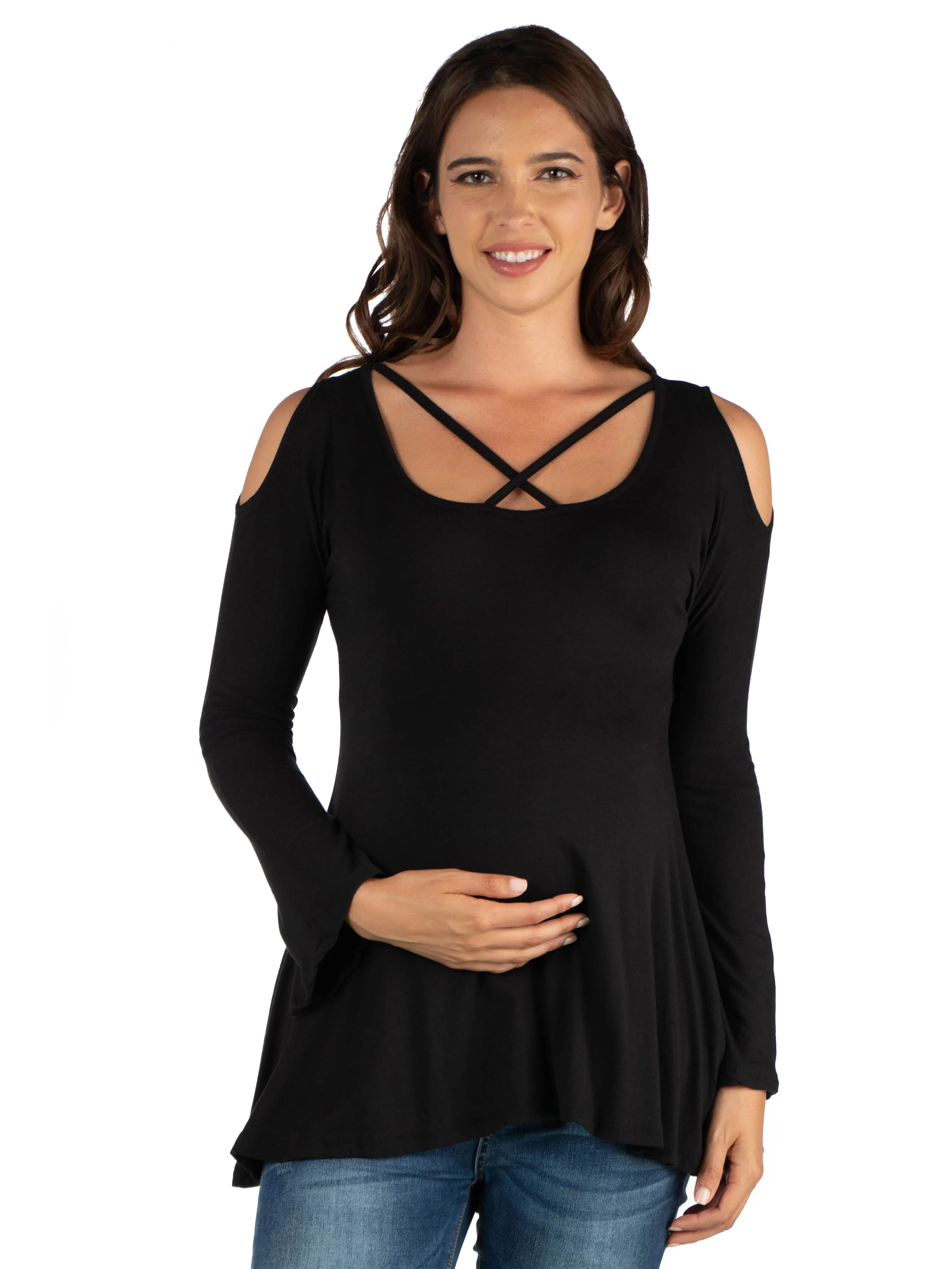 Long Sleeve Maternity Criss Cross Cold Shoulder Top