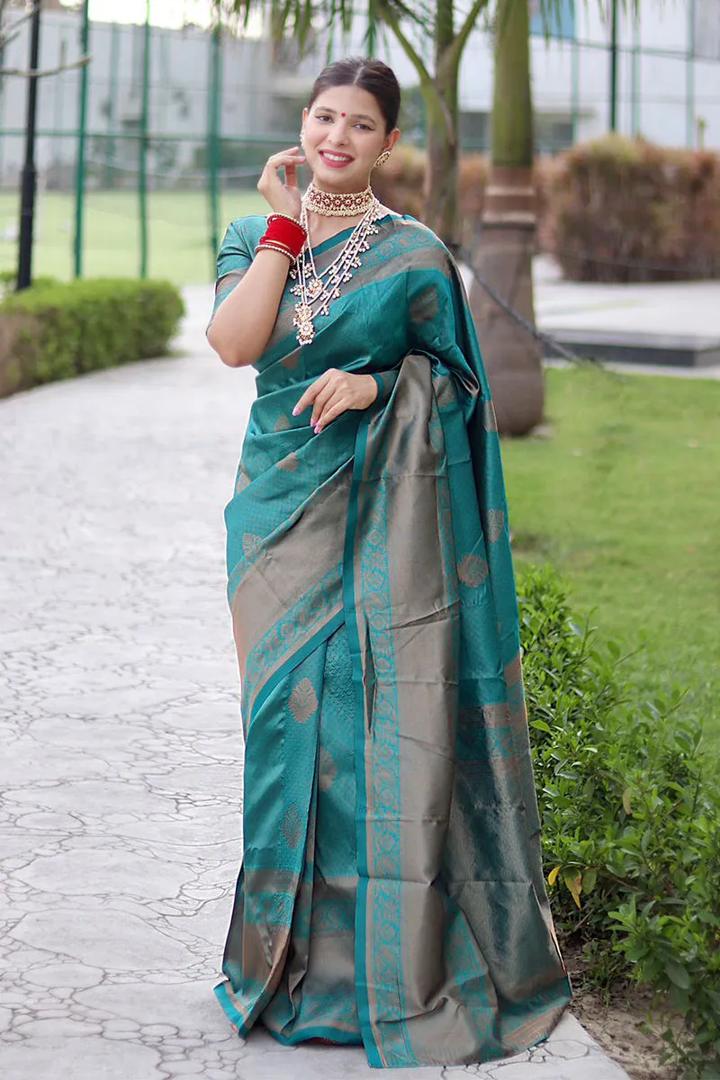 Luxuriant Rama Soft Banarasi Silk Saree With Alluring Blouse Piece