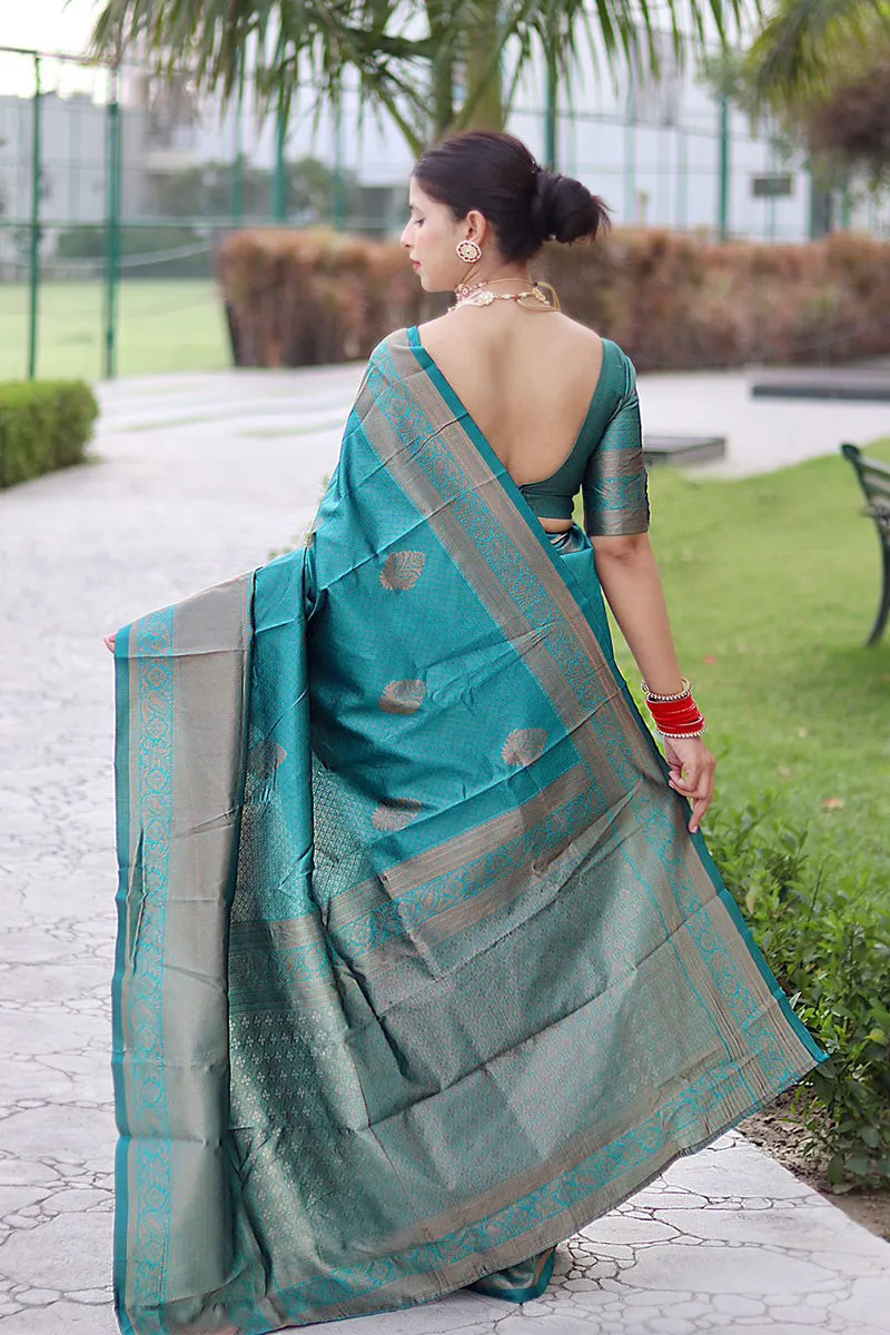 Luxuriant Rama Soft Banarasi Silk Saree With Alluring Blouse Piece