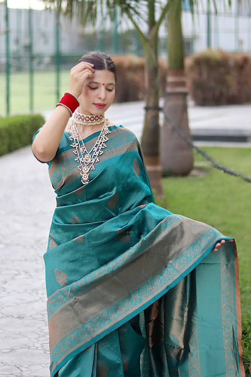 Luxuriant Rama Soft Banarasi Silk Saree With Alluring Blouse Piece