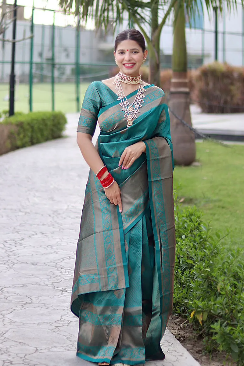 Luxuriant Rama Soft Banarasi Silk Saree With Alluring Blouse Piece