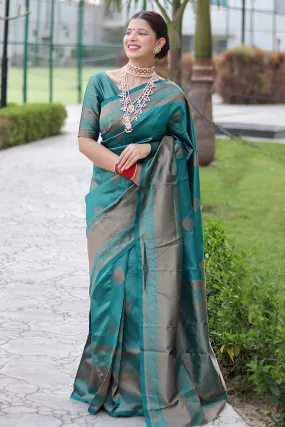 Luxuriant Rama Soft Banarasi Silk Saree With Alluring Blouse Piece