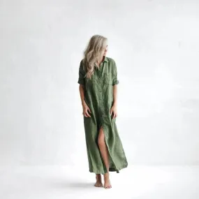 Maxi Linen Shirt-Dress in Olive by Seaside Tones