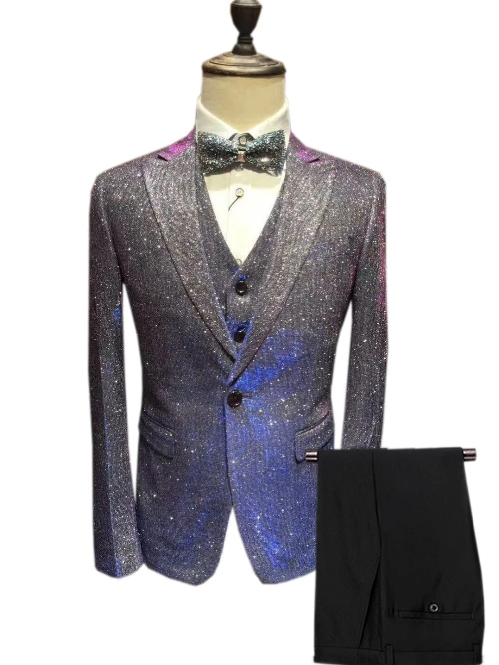 Men's Fashion Gradient Sequined Tuxedo Suit Peak Lapel Men's Suit (Blazer   Vest   Pants)