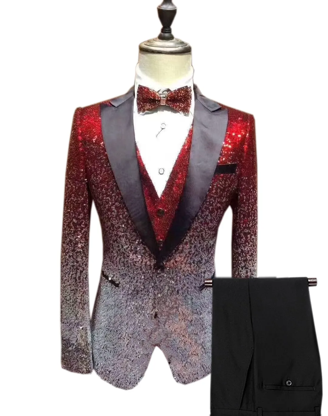 Men's Fashion Gradient Sequined Tuxedo Suit Peak Lapel Men's Suit (Blazer   Vest   Pants)