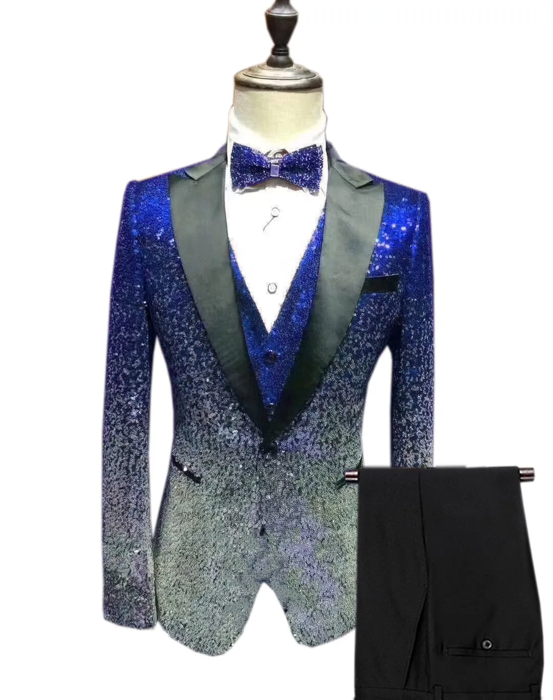 Men's Fashion Gradient Sequined Tuxedo Suit Peak Lapel Men's Suit (Blazer   Vest   Pants)