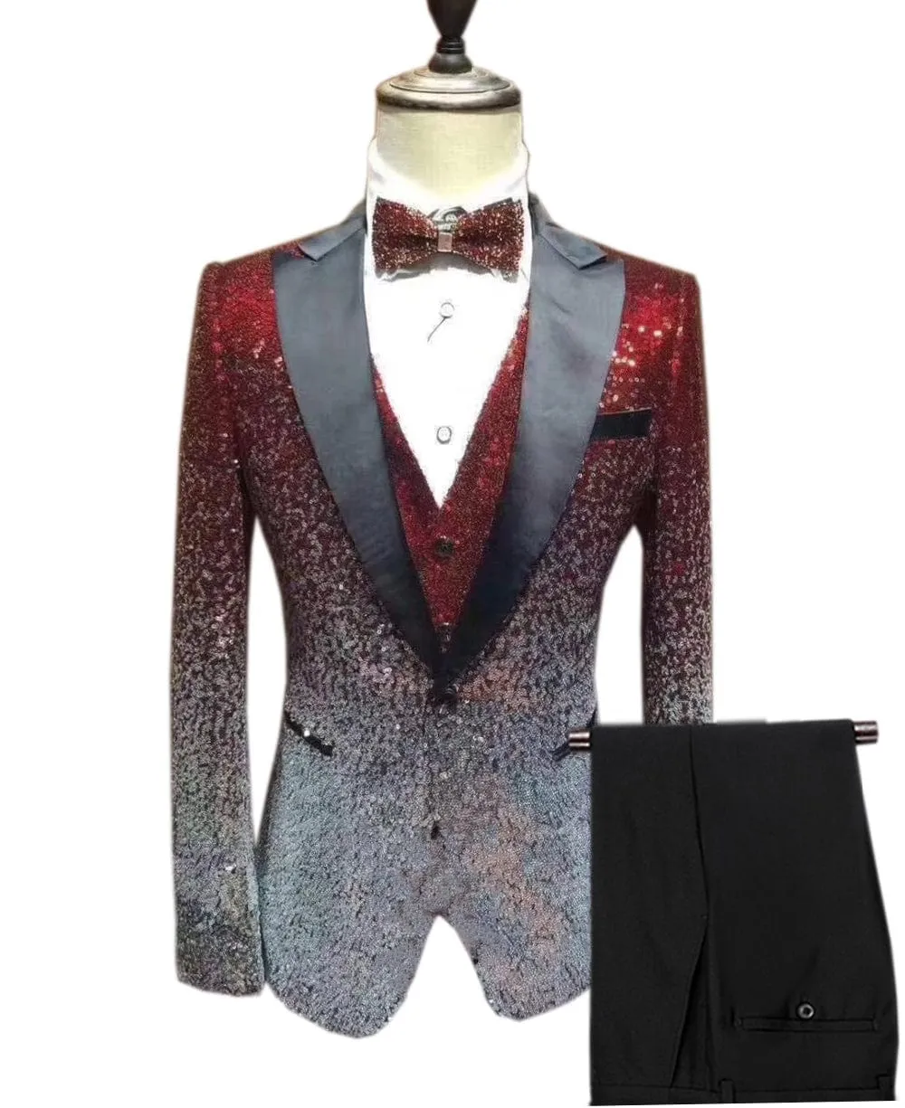 Men's Fashion Gradient Sequined Tuxedo Suit Peak Lapel Men's Suit (Blazer   Vest   Pants)