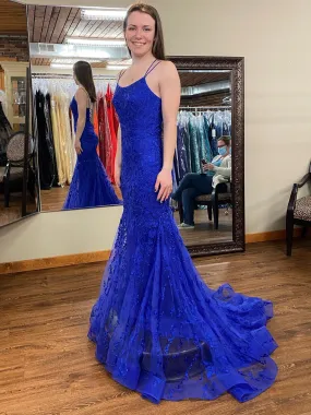 Mermaid Backless Blue Lace Long Prom Dresses, Mermaid Blue Formal Dresses, Blue Lace Evening Dresses