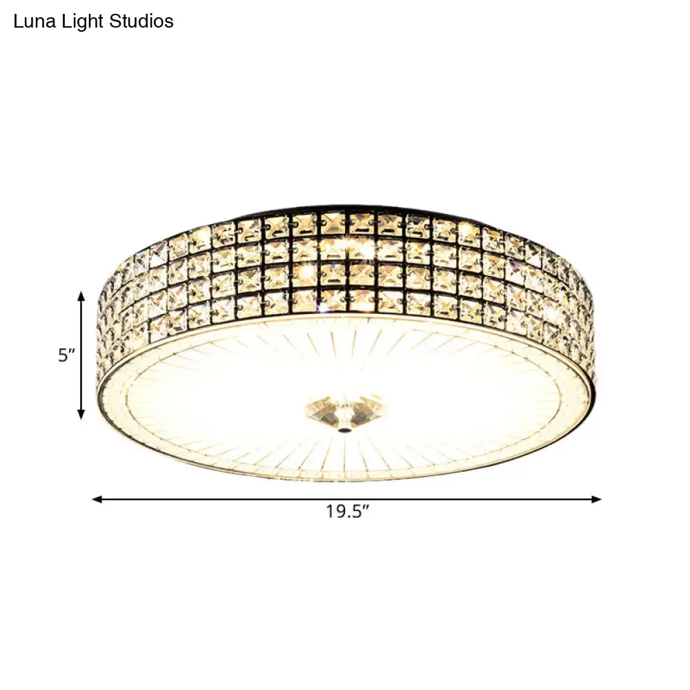 Modern LED Flush Mount Lamp with Clear Crystal Drum Shade - 16"/19.5" Width - Bedchamber Ceiling Light Fixture