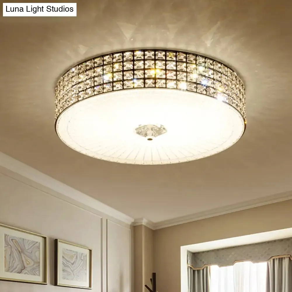 Modern LED Flush Mount Lamp with Clear Crystal Drum Shade - 16"/19.5" Width - Bedchamber Ceiling Light Fixture