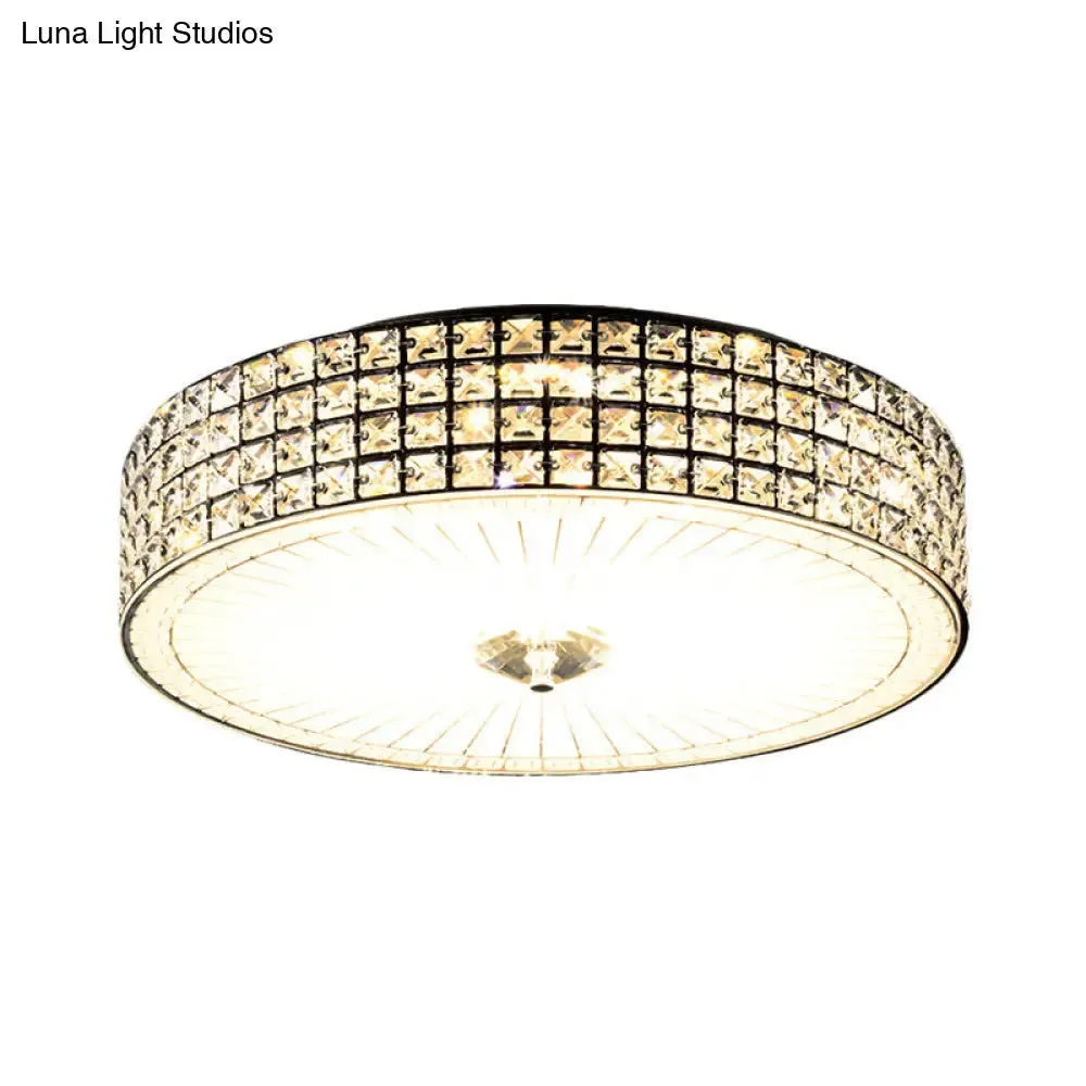 Modern LED Flush Mount Lamp with Clear Crystal Drum Shade - 16"/19.5" Width - Bedchamber Ceiling Light Fixture