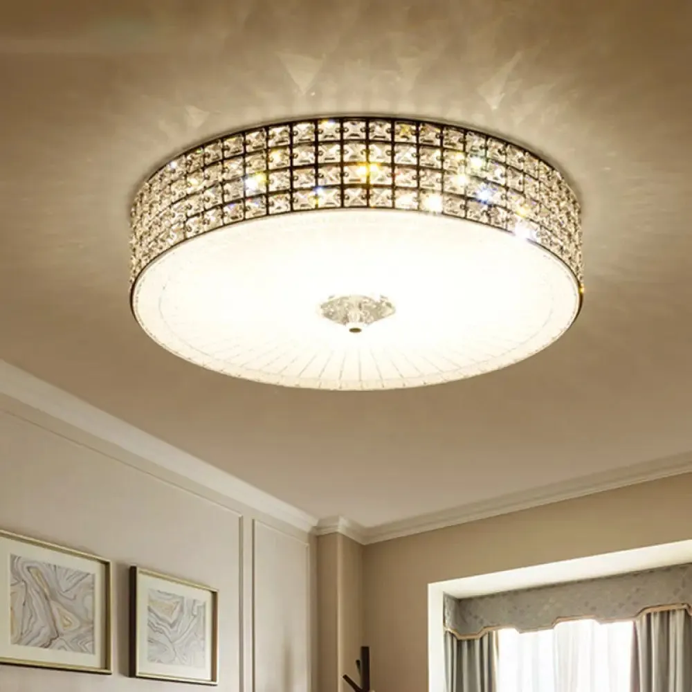 Modern LED Flush Mount Lamp with Clear Crystal Drum Shade - 16"/19.5" Width - Bedchamber Ceiling Light Fixture