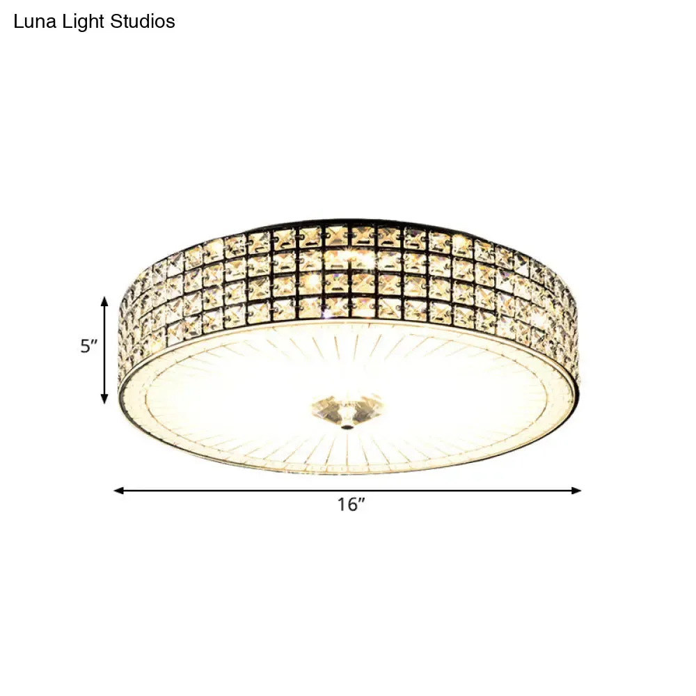 Modern LED Flush Mount Lamp with Clear Crystal Drum Shade - 16"/19.5" Width - Bedchamber Ceiling Light Fixture