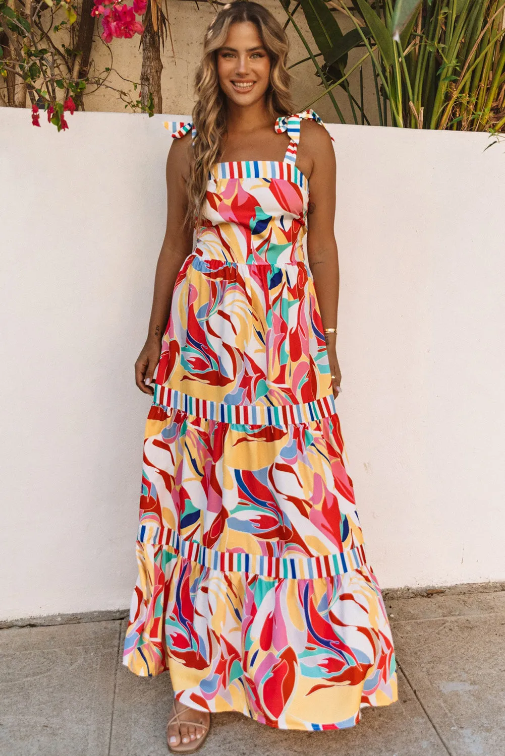 Multicolor Abstract Print Striped Trim Maxi Sundress