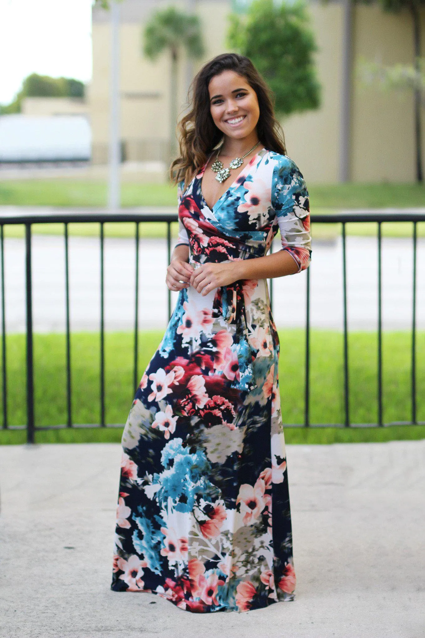 Navy Floral Wrap Maxi Dress