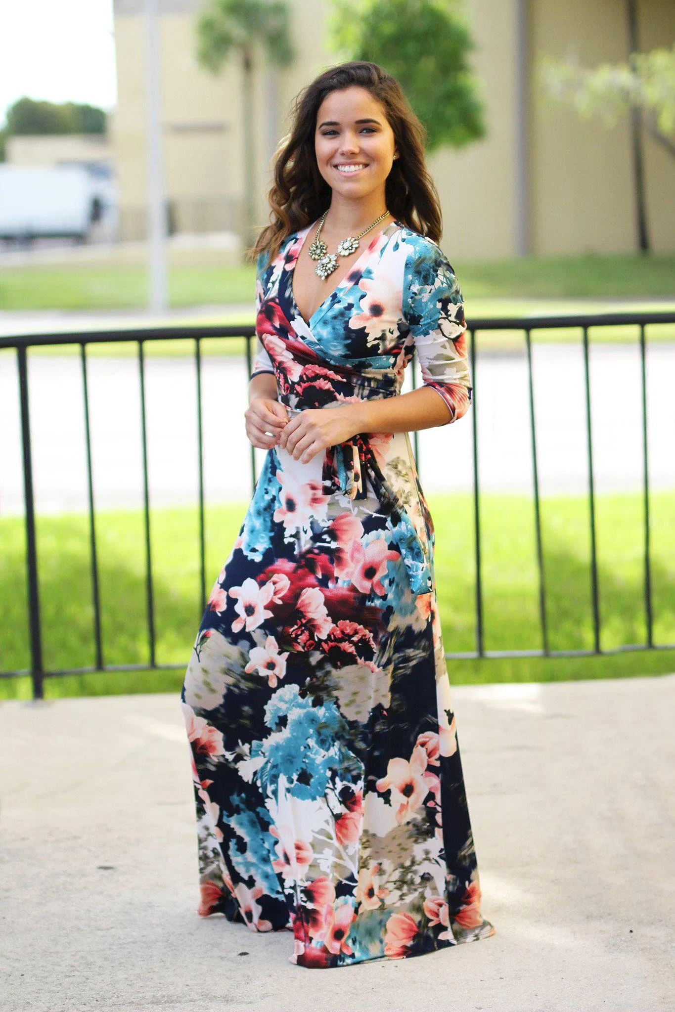 Navy Floral Wrap Maxi Dress