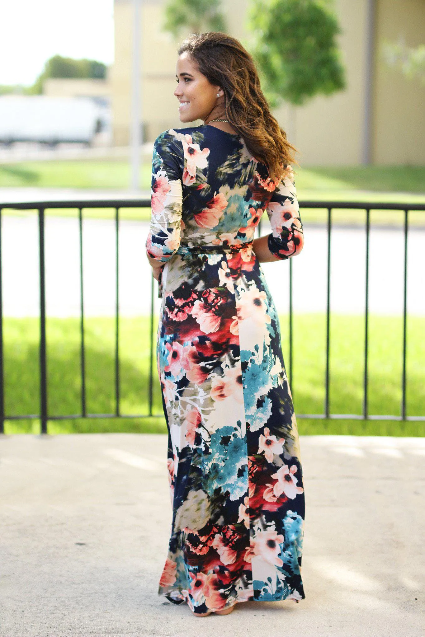 Navy Floral Wrap Maxi Dress