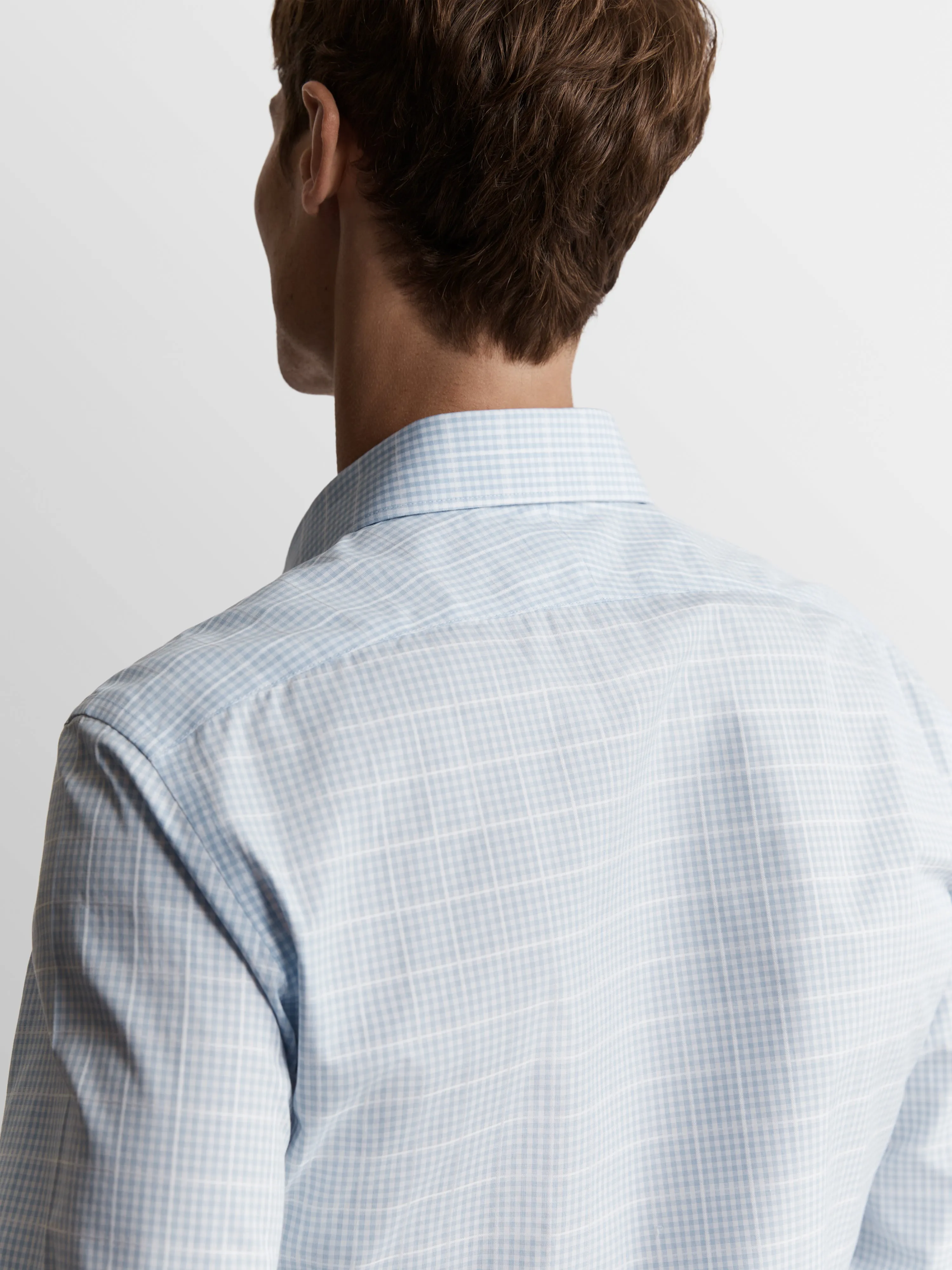 Non-Iron Blue Grid Gingham Plain Weave Fitted Single Cuff Semi-Cutaway Collar Shirt