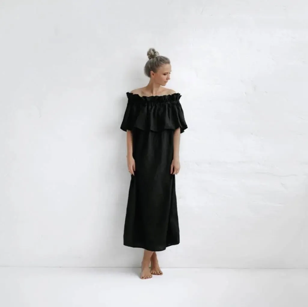 Off Shoulder Black Linen Dress by Seaside Tones