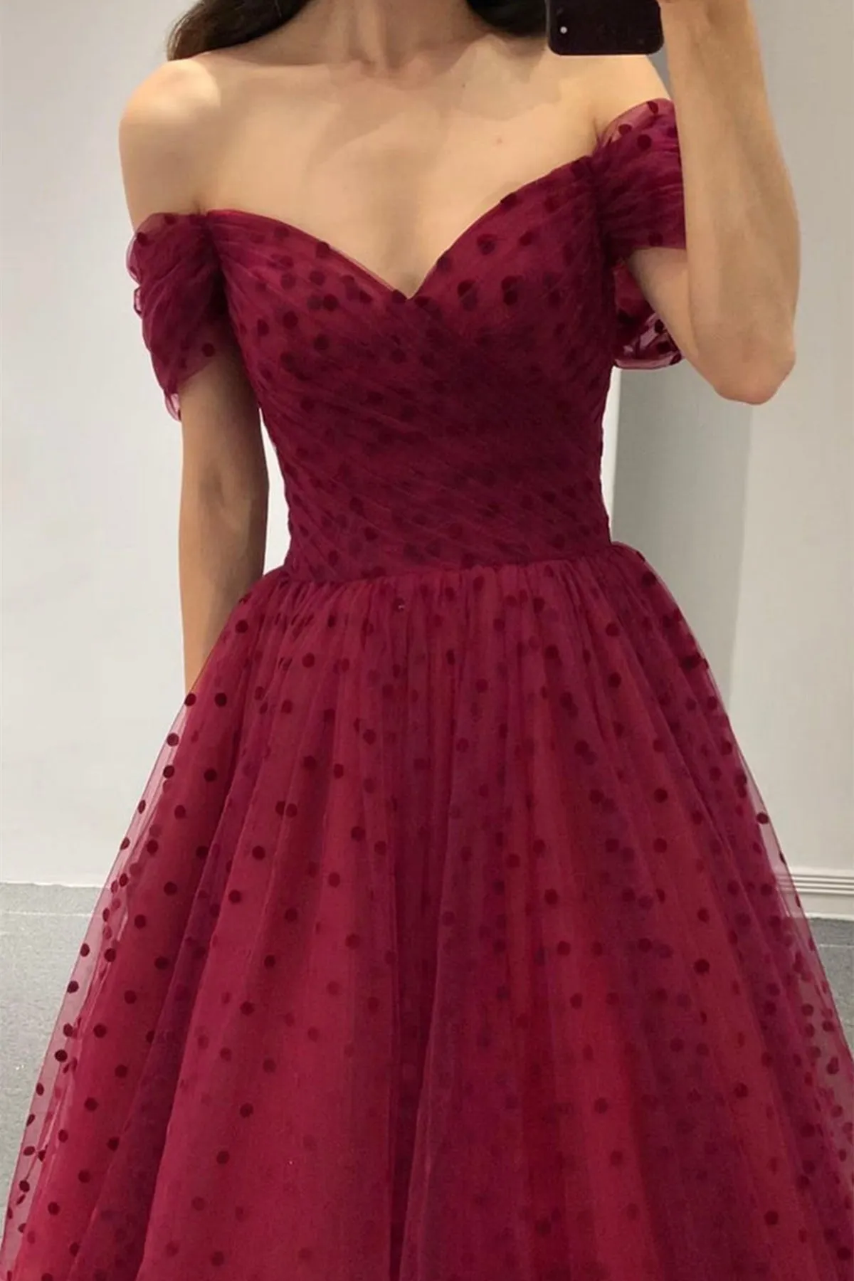 Off Shoulder Burgundy Tulle Tea Length Prom Homecoming Dress, Burgundy Formal Graduation Evening Dress A1609