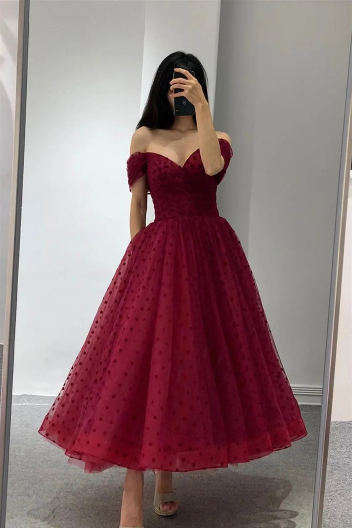 Off Shoulder Burgundy Tulle Tea Length Prom Homecoming Dress, Burgundy Formal Graduation Evening Dress A1609