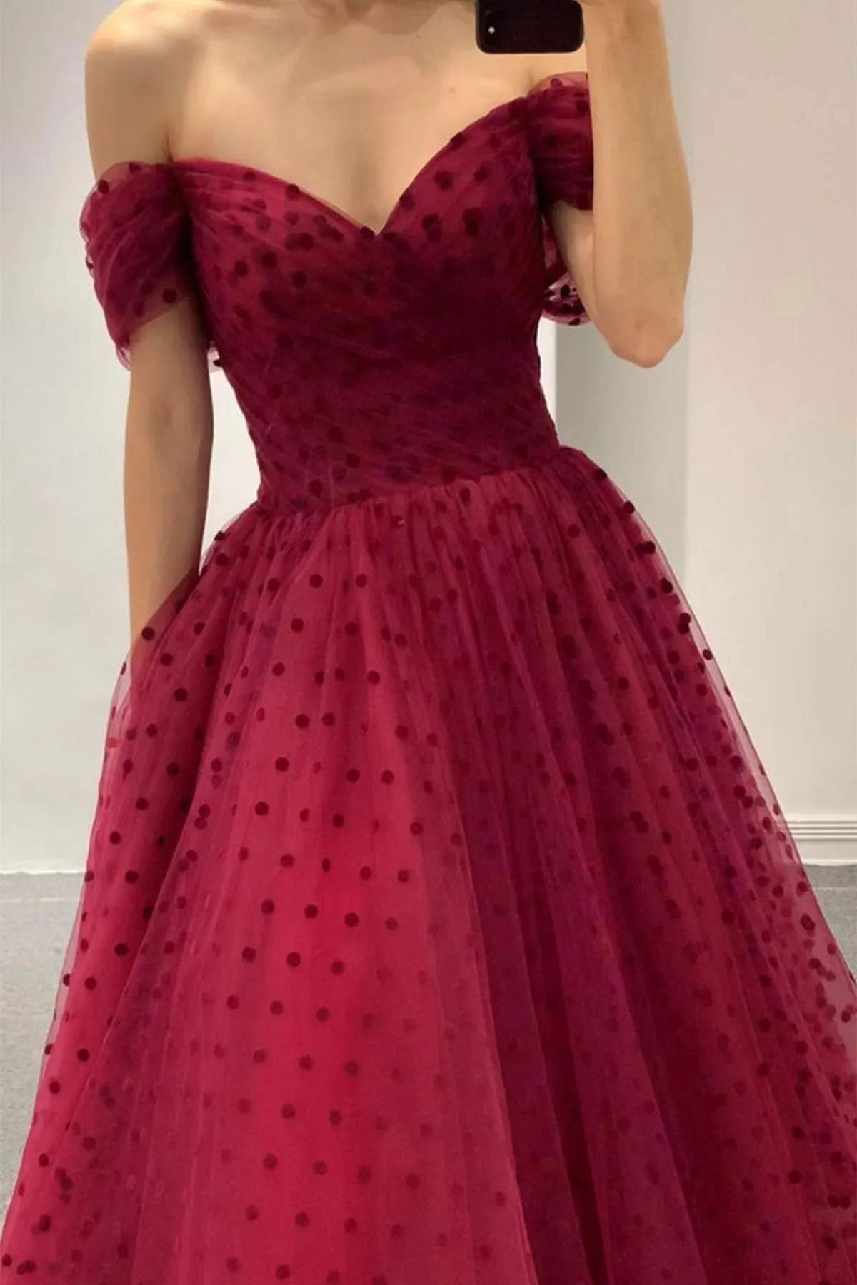 Off Shoulder Burgundy Tulle Tea Length Prom Homecoming Dress, Burgundy Formal Graduation Evening Dress A1609