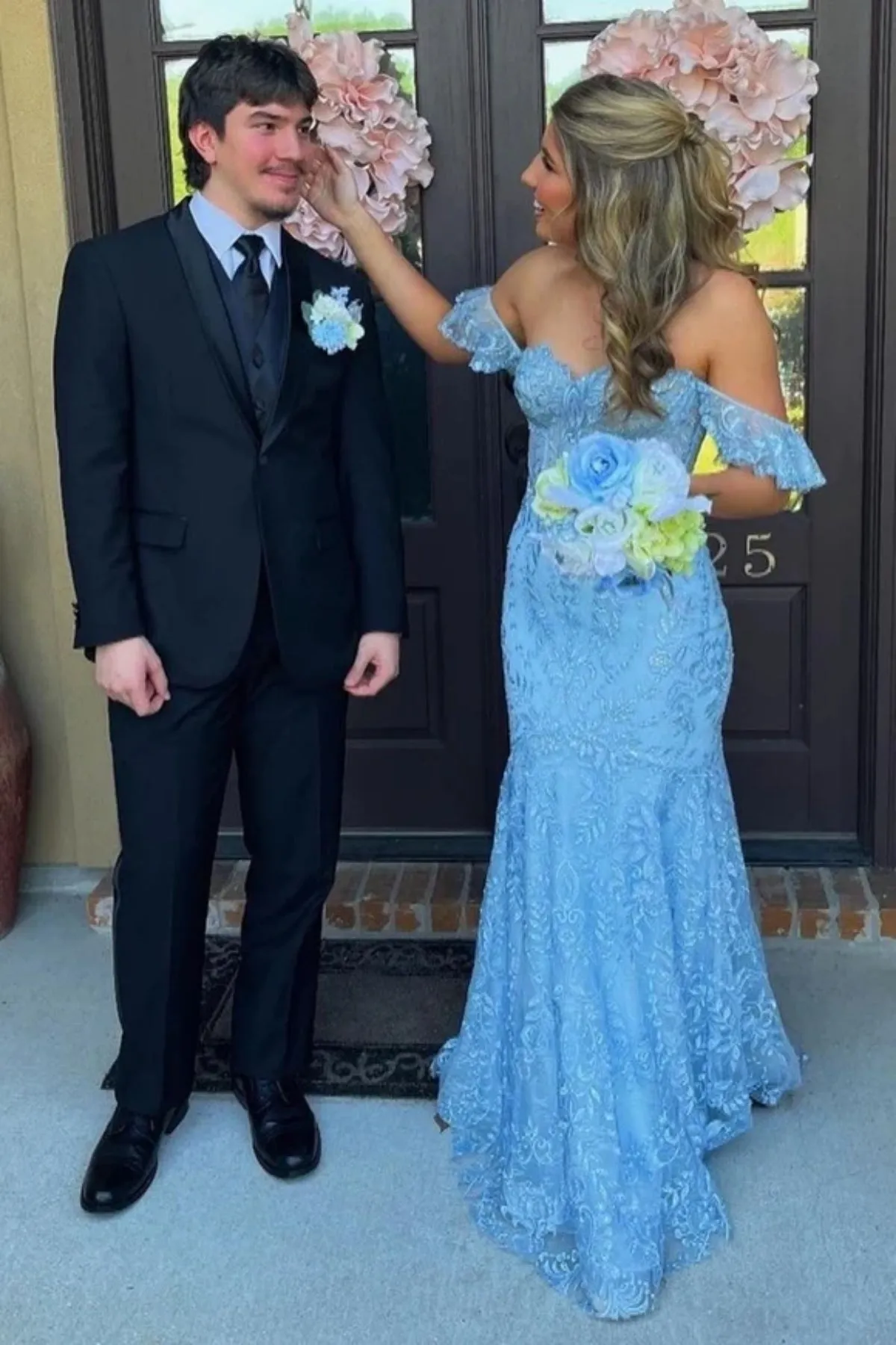 Off Shoulder Mermaid Light Blue Lace Long Prom Dress, Light Blue Lace Formal Dress, Mermaid Light Blue Evening Dress A2082