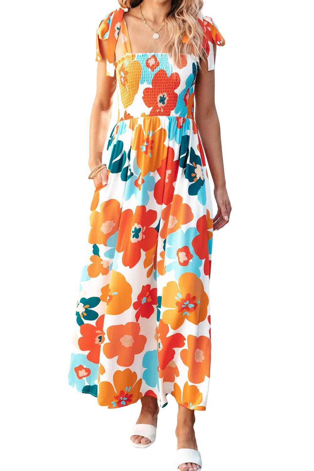 Orange Floral Self Tied Straps Smocked Bust Maxi Dress