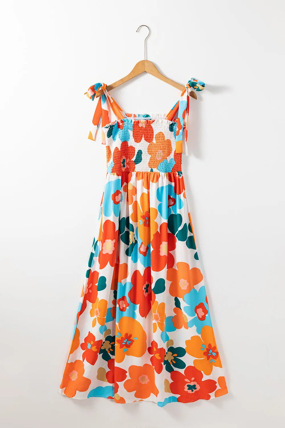 Orange Floral Self Tied Straps Smocked Bust Maxi Dress