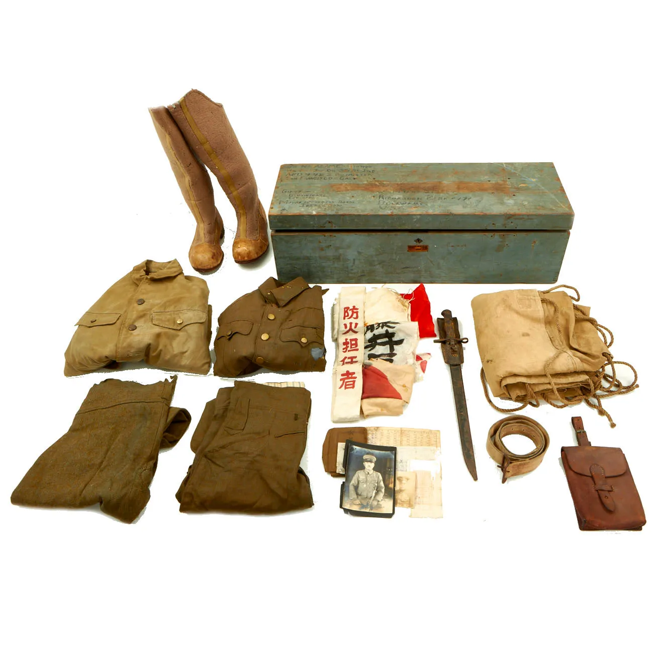 Original Japanese WWII Collection in Named USGI Wood Bring Home Crate - Uniforms, Boots, Flags, Bayonet & More