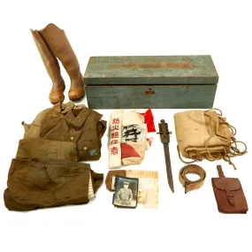 Original Japanese WWII Collection in Named USGI Wood Bring Home Crate - Uniforms, Boots, Flags, Bayonet & More