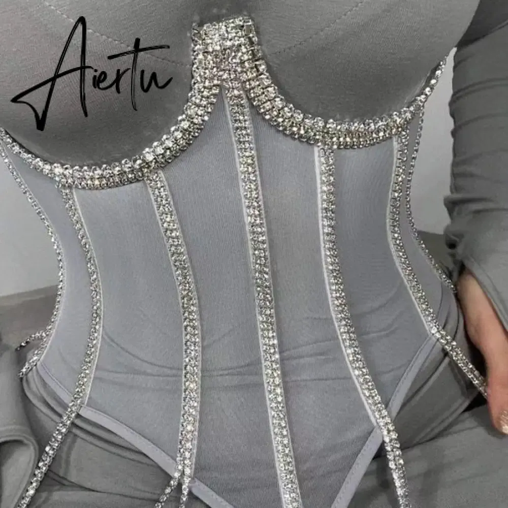 Outer Wear Trendy Halter Top Sequined Rhinestone Vest Suspenders Transparent Lace Corset Hot Girl New Style Tops for Women