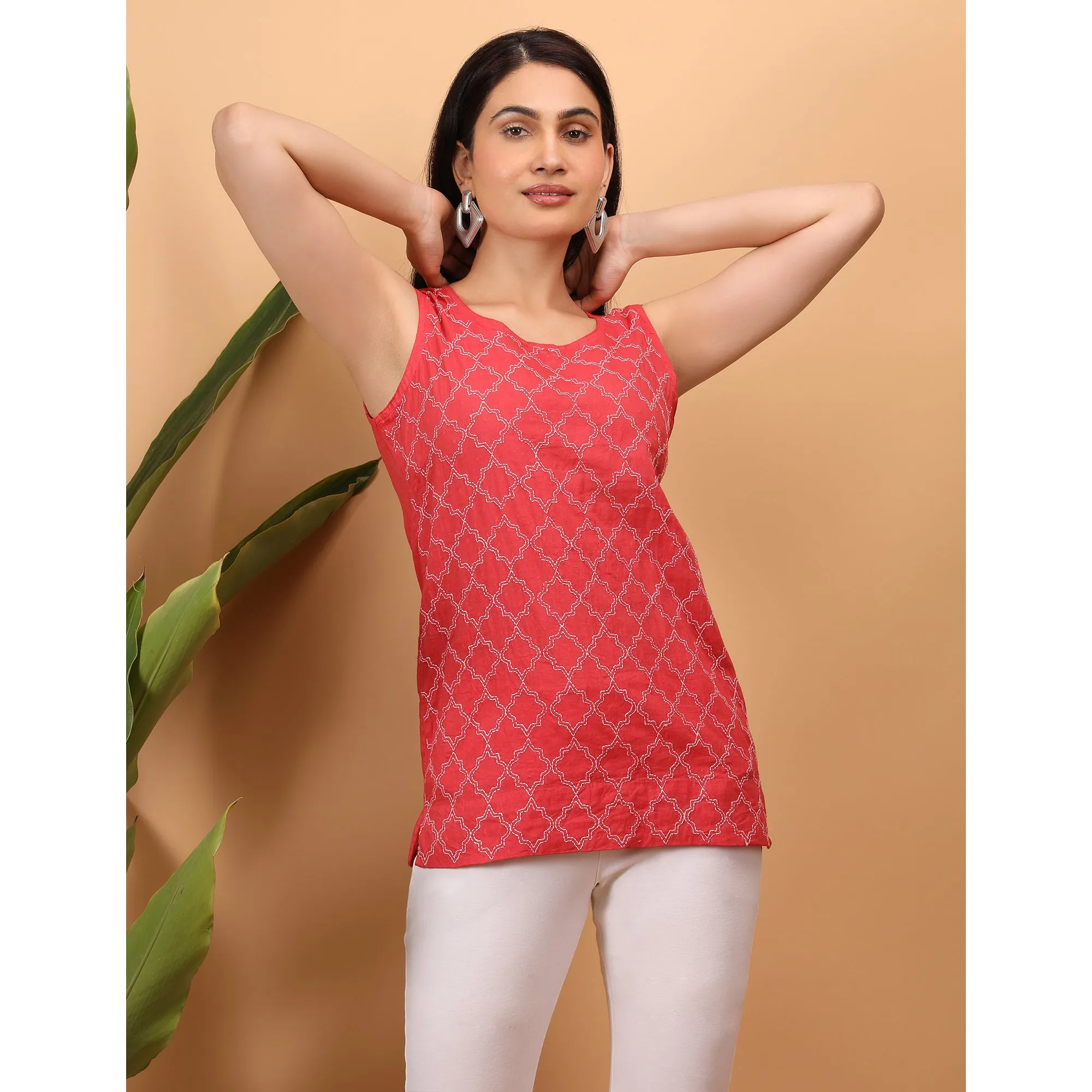 Pink - Shwet Women Red Chikankari Sleevless Top