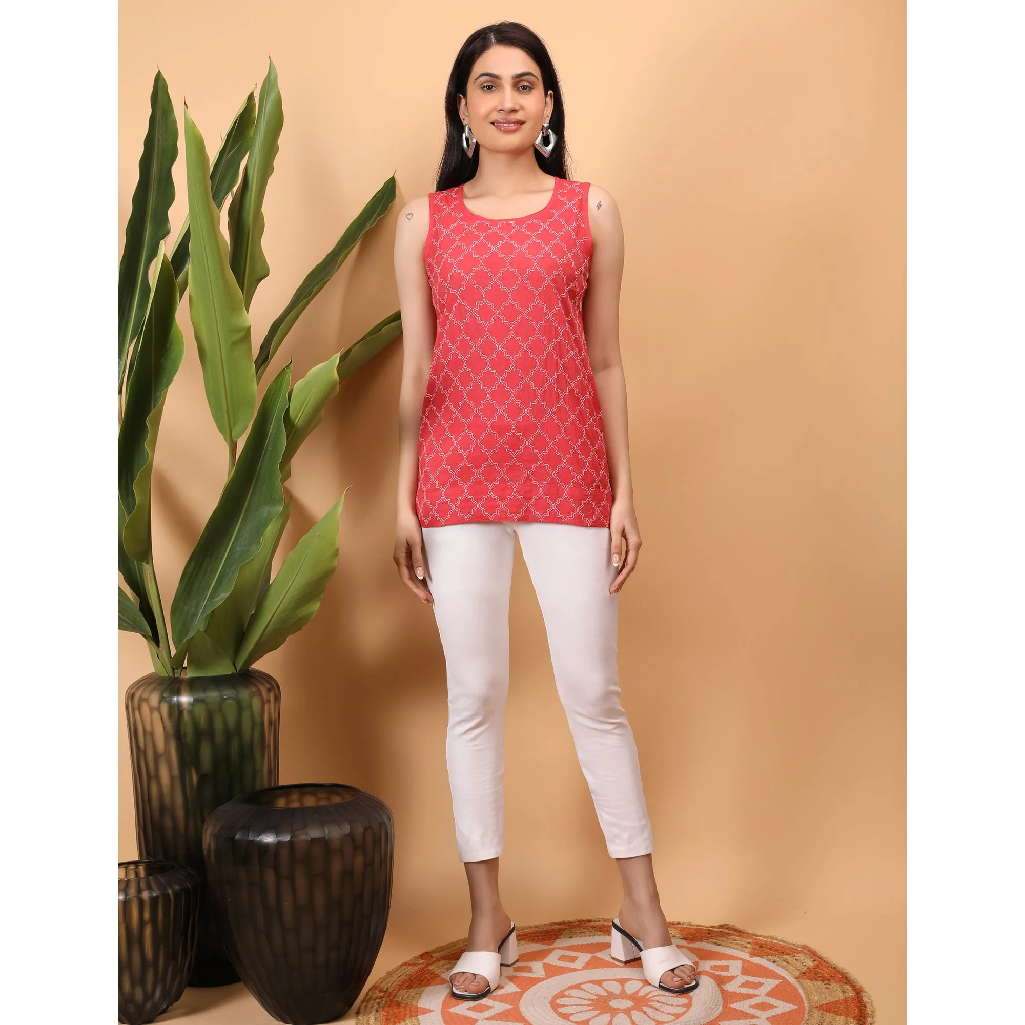 Pink - Shwet Women Red Chikankari Sleevless Top