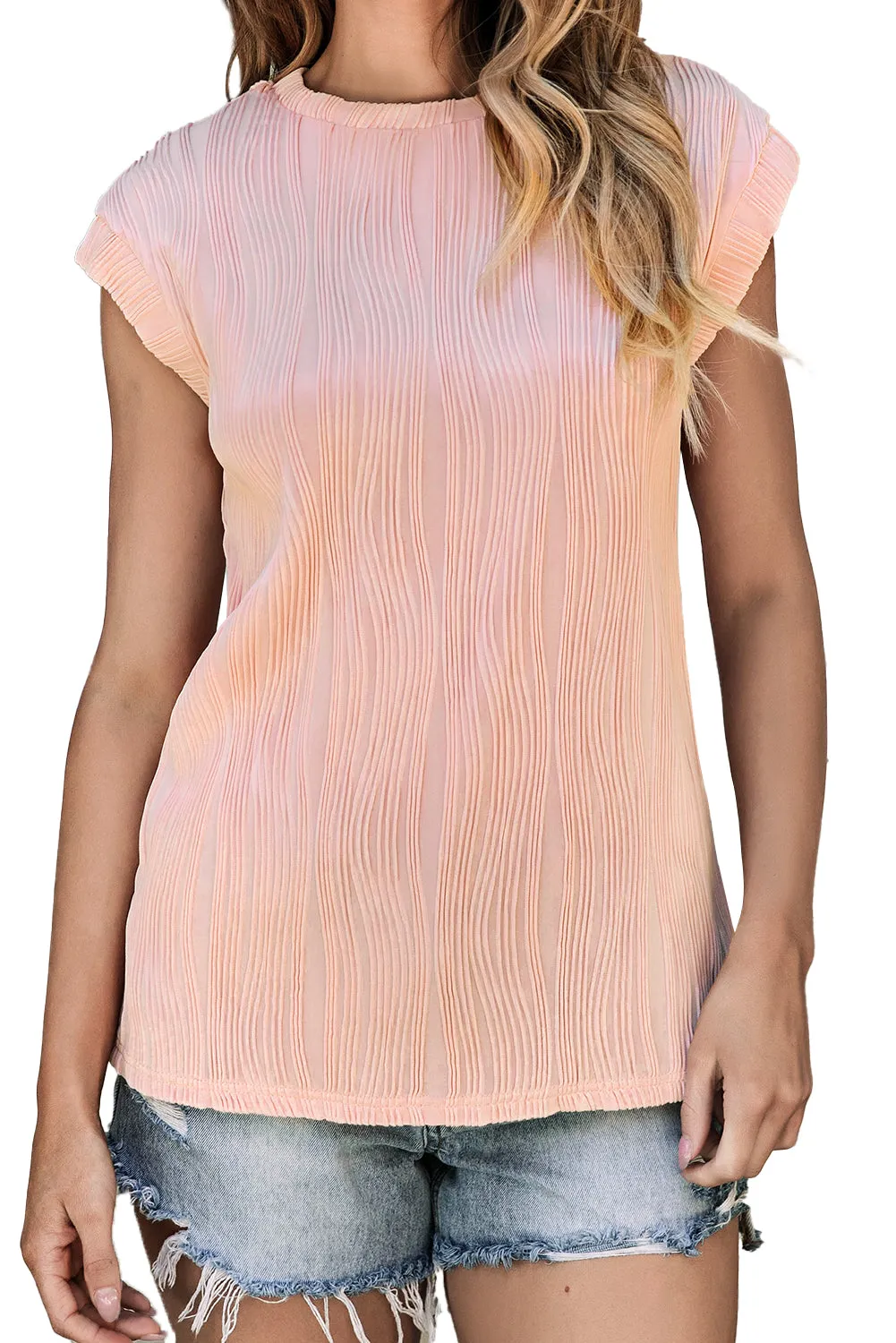 Pink Solid Color Wavy Textured Cap Sleeve Top