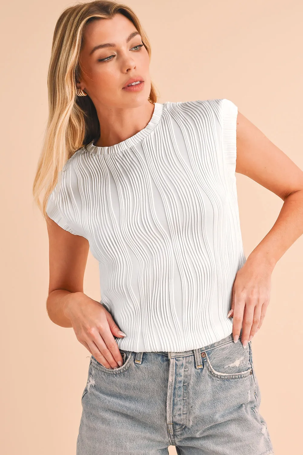 Pink Solid Color Wavy Textured Cap Sleeve Top