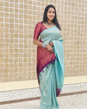 Pleasant Firozi Soft Silk Saree With Excellent Blouse Piece