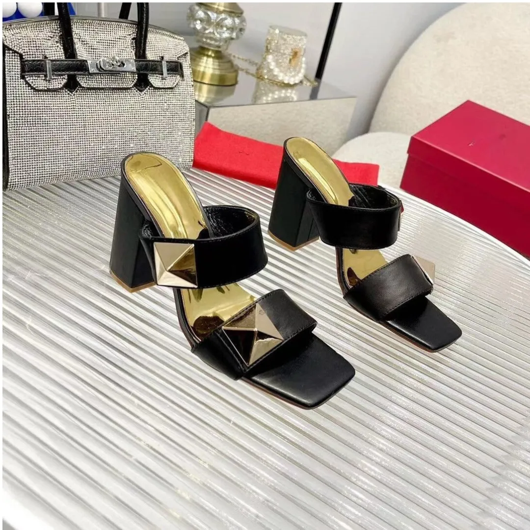 Pre Order:  Chunky Heel One Line Strap Rivet Sandals