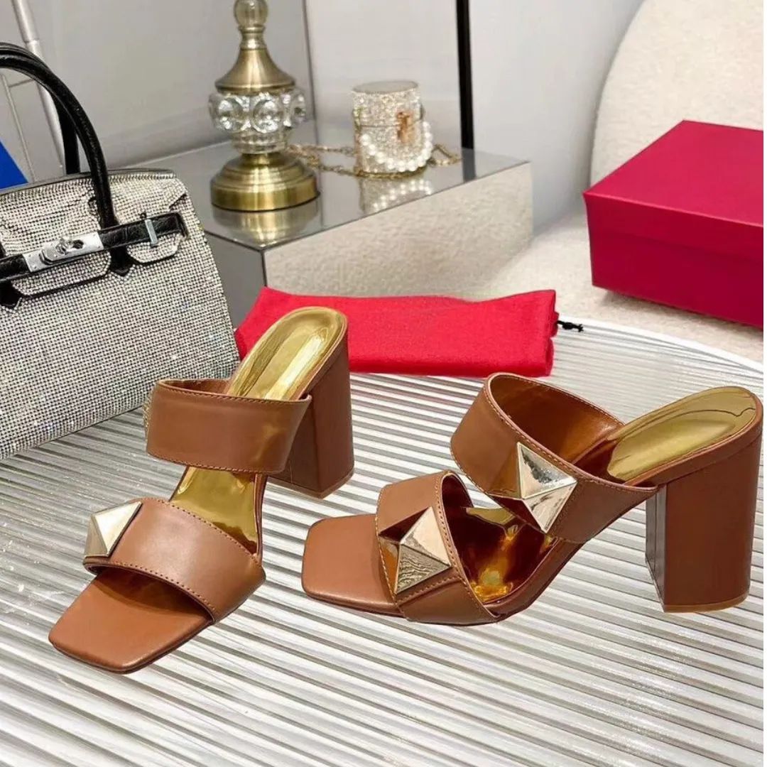 Pre Order:  Chunky Heel One Line Strap Rivet Sandals