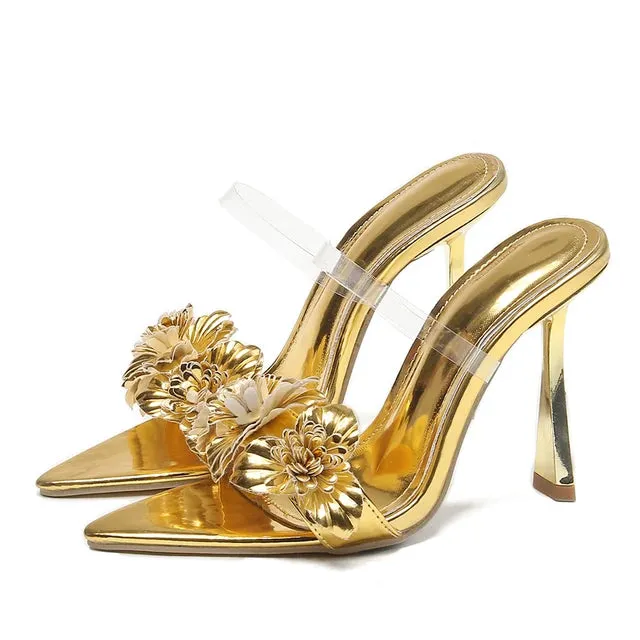 Pre Order:  Flower Transparent Strap Pointy Toe High Heel Sandals