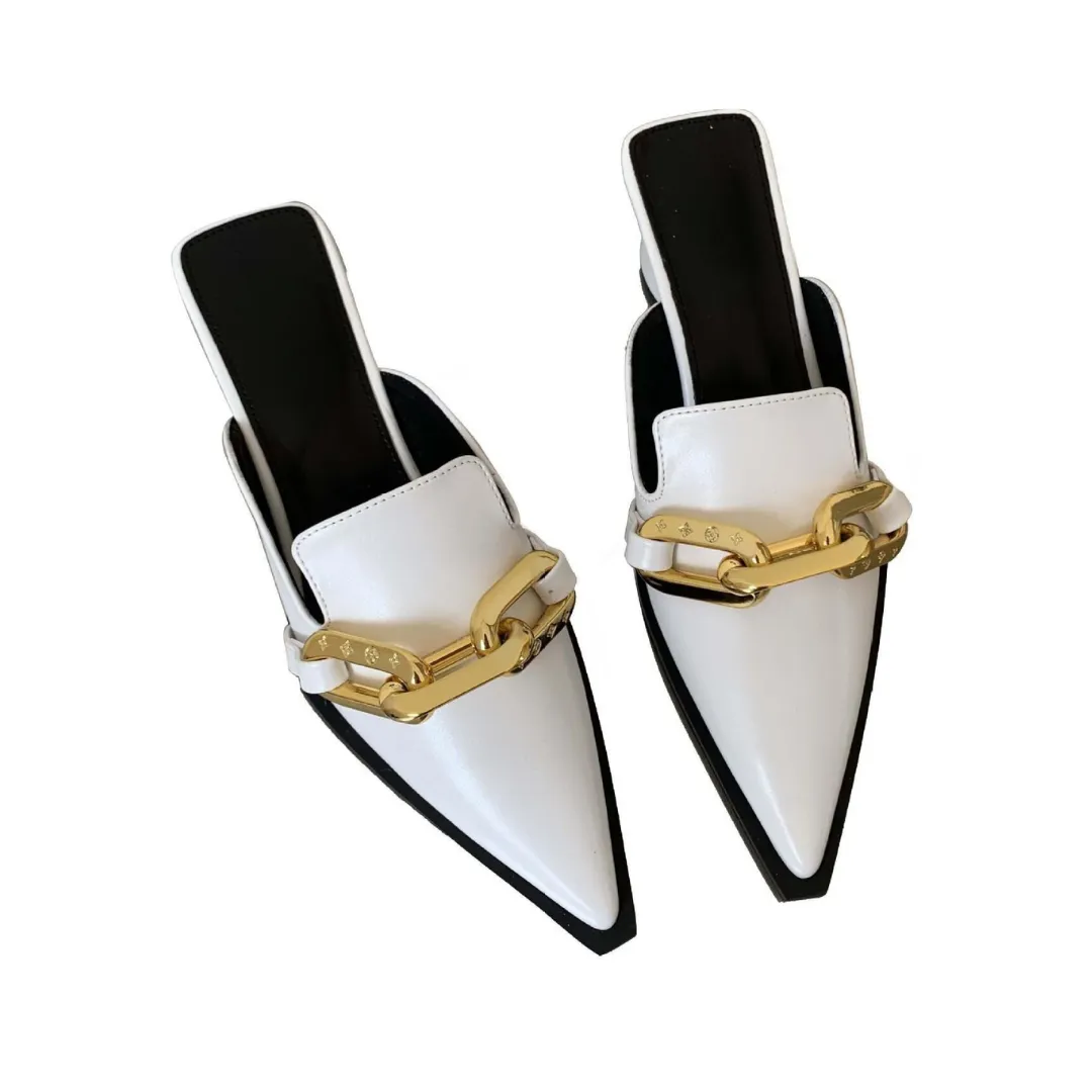 Pre Order:  Metal Chain Pointed Toe Block Heel Sandals